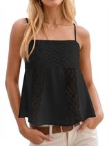 Camiseta regata feminina Yousify com alça espaguete, renda preta de verão Camiseta regata feminina Yousify com alça espaguete, renda preta de verão