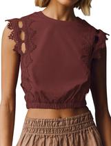 Camiseta regata feminina Ythomm com acabamento em renda com recorte em bolha e terracota Camiseta regata feminina Ythomm com acabamento em renda com recorte em bolha e terracota