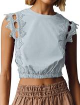Camiseta regata feminina Ythomm com acabamento em renda com recorte em forma de bolha e gola redonda Camiseta regata feminina Ythomm com acabamento em renda com recorte em forma de bolha e gola redonda