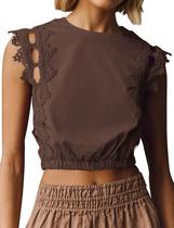 Camiseta regata feminina Ythomm com acabamento em renda recortada em algodão marrom Camiseta regata feminina Ythomm com acabamento em renda recortada em algodão marrom