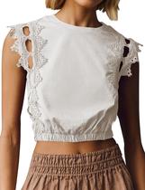 Camiseta regata feminina Ythomm com acabamento em renda recortada em bolha de algodão branco Camiseta regata feminina Ythomm com acabamento em renda recortada em bolha de algodão branco