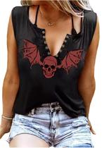 Camiseta regata Fensajomon Halloween Gothic Red Bat Skull para mulheres