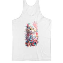 Camiseta Regata Gato branco com flores Camiseta Regata Gato branco com flores