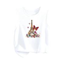 Camiseta Regata Infantil Com Estampa De Desenho Animado Da Torre Eiffel E Borboletas Para Meninas