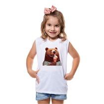 Camiseta Regata Infantil Meino Menina Urso Ursinho Tomando Sorvete Safari Zoológico Zoo