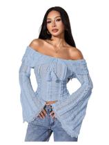 Camiseta regata MakeMeChic Off Shoulder em renda azul para mulheres