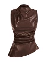 Camiseta regata MakeMechic PU Leather Mock Neck Y2k Ruched Coffee