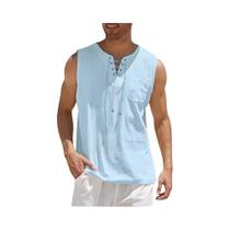 Camiseta Regata Masculina Casual De Algodão E Linho, Estilo Retrô Com Decote Em V E Amarração,