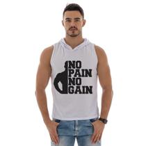 Camiseta Regata Masculina Com Capuz Treino Academia Estampado No Pain No Gain Camiseta Regata Masculina Com Capuz Treino Academia Estampado No Pain No Gain