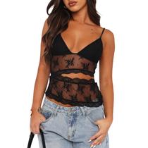Camiseta regata Pivanzore Y2K Lace Cami Sexy Mesh See Through Black