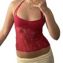 Camiseta regata Pivanzore Y2K Lace Cami Sexy Mesh See Through Red S