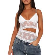Camiseta regata Pivanzore Y2K Lace Cami Sexy Mesh See Through White XL