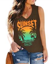 Camiseta regata RITERA Plus Size com decote em V, sem mangas, estampa Sunset