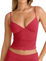 Camiseta regata sexy em estilo rosa com decote em V franzido para mulheres Camiseta regata sexy em estilo rosa com decote em V franzido para mulheres
