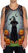 Camiseta Regata Tshirt Halloween Gato Preto Bruxo Abobora