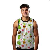 Camiseta Regata Verão Estilo Moda Praia Abacaxi Coqueiro Flores Férias Funny 1611