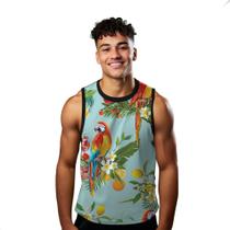 Camiseta Regata Verão Estilo Moda Praia Arte Frutas Arara Folhas Flores 1832