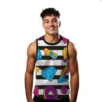 Camiseta Regata Verão Estilo Moda Praia Cartoon Listras Objetos Art 905