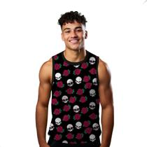 Camiseta Regata Verão Estilo Moda Praia Caveiras Cartoon Flores Rosa 738