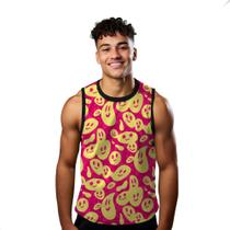 Camiseta Regata Verão Estilo Moda Praia Emojis Cartoon Face Amarelo 942