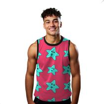 Camiseta Regata Verão Estilo Moda Praia Estrelas Cartoon Funny Azul Face 1225 Camiseta Regata Verão Estilo Moda Praia Estrelas Cartoon Funny Azul Face 1225
