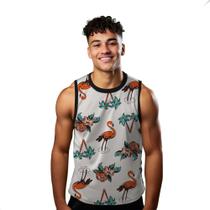 Camiseta Regata Verão Estilo Moda Praia Flamingo Arte Coqueiros Flores 1862