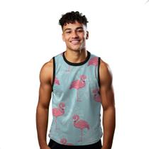 Camiseta Regata Verão Estilo Moda Praia Flamingo Rosa Coqueiros 1796