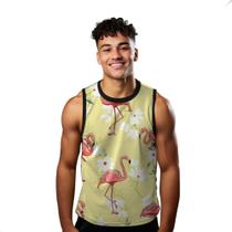 Camiseta Regata Verão Estilo Moda Praia Flamingos Arte Flores Margarida 1797