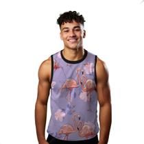 Camiseta Regata Verão Estilo Moda Praia Flamingos Flor Cor Rosa 1823