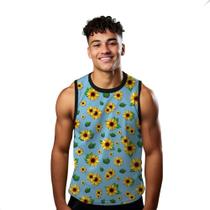 Camiseta Regata Verão Estilo Moda Praia Girassol Flor Folhas Arte Florido 1419