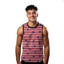 Camiseta Regata Verão Estilo Moda Praia Listras Estrelas Desenho Arte Azul Red 1633