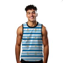 Camiseta Regata Verão Estilo Moda Praia Listras Marinheiro Âncoras Marinha Mar 1608