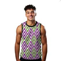 Camiseta Regata Verão Estilo Moda Praia Listras Zig Zag Branco Roxo Verde 1838 Camiseta Regata Verão Estilo Moda Praia Listras Zig Zag Branco Roxo Verde 1838