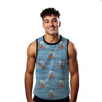 Camiseta Regata Verão Estilo Moda Praia Navios Barcos Listras Azul Mar Oceano 1538