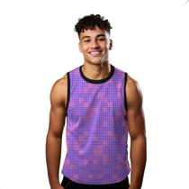Camiseta Regata Verão Estilo Moda Praia Puzzle Quadrados Pixel Roxo Rosa 1191