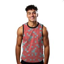 Camiseta Regata Verão Estilo Moda Praia Puzzle Quadrados Pixel Vermelho 1192