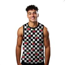 Camiseta Regata Verão Estilo Moda Praia Xadrez Cereja Vermelha 1056