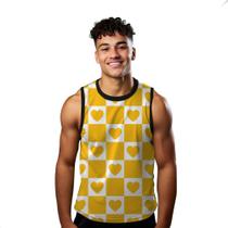 Camiseta Regata Verão Estilo Moda Praia Xadrez Coração Amarelo 1251 Camiseta Regata Verão Estilo Moda Praia Xadrez Coração Amarelo 1251