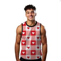 Camiseta Regata Verão Estilo Moda Praia Xadrez Coração Vermelho Amor 1051