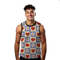 Camiseta Regata Verão Estilo Moda Praia Xadrez Flores Coração Funny 1069