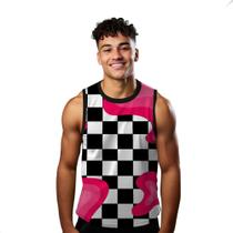 Camiseta Regata Verão Estilo Moda Praia Xadrez Gosma Rosa 1036