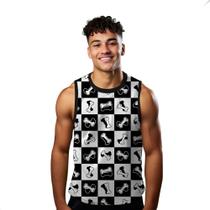 Camiseta Regata Verão Estilo Moda Praia Xadrez Ossos Bones Cartoon Preto 1739