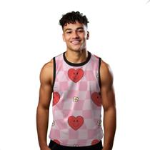 Camiseta Regata Verão Estilo Moda Praia Xadrez Rosa Coração Face Red 1100