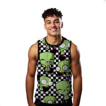 Camiseta Regata Verão Estilo Moda Praia Xadrez Zumbi Cartoon Verde 760