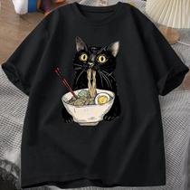 Camiseta Retro Gato Preto Ramen - Foodie Lover - Manga Curta