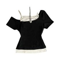 Camiseta Retro Y2K Americana Com Ombros Descidos, Manga Curta, Ajuste Slim, Moda De Verão Kawaii