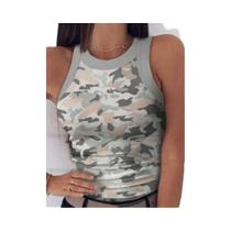 Camiseta Sem Mangas Em Estampa Camo Para Mulheres, Top Casual Com Decote Redondo E Elástico, Básico Camiseta Sem Mangas Em Estampa Camo Para Mulheres, Top Casual Com Decote Redondo E Elástico, Básico