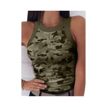 Camiseta Sem Mangas Em Estampa Camo Para Mulheres, Top Casual Com Decote Redondo E Elástico, Básico