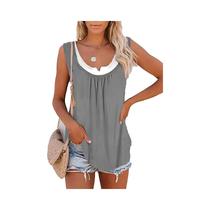 Camiseta Sem Mangas Feminina Com Pregas E Patchwork, Cor Sólida, Verão 2024