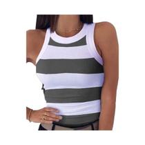 Camiseta Sem Mangas Para Mulheres Com Estampa Listrada, Decote Redondo, Elástica, Básica De Verão